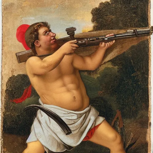 Prompt: cupido holding a rifle follows a prisoner