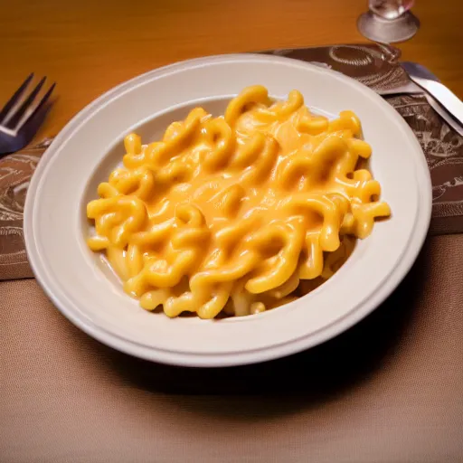 Image similar to dslr photograph of kraft macaroni and cheese, michelin starred restaurant, award winning photography