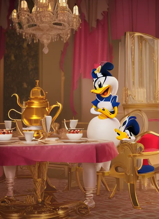 Image similar to cinderalla and donald duck having tea at the ritz, octane render, cinematic, elegant, intricate, 8 k