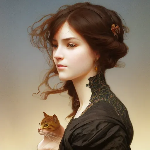 Image similar to portrait of a psych girl with her mad cat, intricate, elegant, highly detailed, digital painting, artstation, concept art, smooth, sharp focus, illustration, art by artgerm and greg rutkowski and alphonse mucha and william - adolphe bouguereau