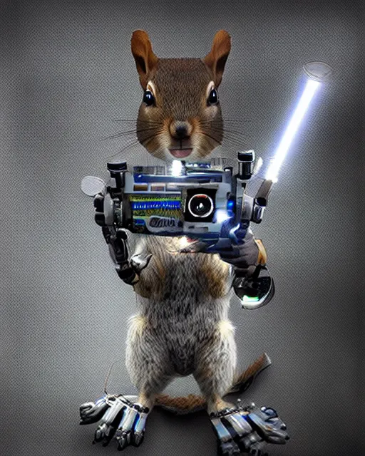 Image similar to a cybertronic squirrel terminator, leds, high detail, sharp, studio, metal, digital art, bionic