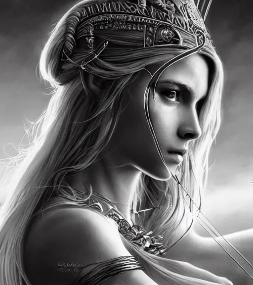 Image similar to portrait of very beautiful aphrodite goddess as an archer, arrow crown, beautiful piercing eyes, flowing blonde hair, realistic face, black and white drawing, in the style of greg rutkowski, fantasy, amazing detail, epic, intricate, elegant, smooth, sharp focus