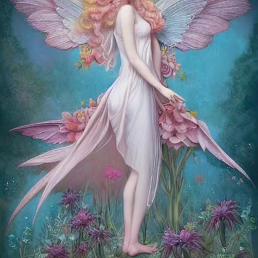 Image similar to symmetry!! a pink beautiful fairy with large wings and flowing hair is exploring her flower garden, style of tom bagshaw, extremely detailed, muted colors, negative space