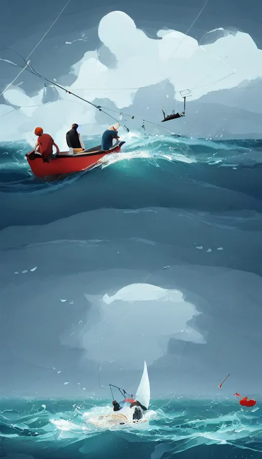 Prompt: Some fishermen struggling not to sink in a small sailboat in the middle of the furious raging ocean, ilustration art by Goro Fujita