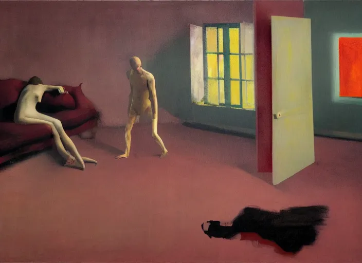 Prompt: lovers collapsed in a the room of burgundy curtains tied in wires, realistic bodies melting and merging, melting drips over, style of edward hopper, vibrating eerie palette of Mark Rothko, surrealism, painted by Francis Bacon, style of Adrian Ghenie, ultradetailed 8k, Brett Amory, style of Peter Doig
