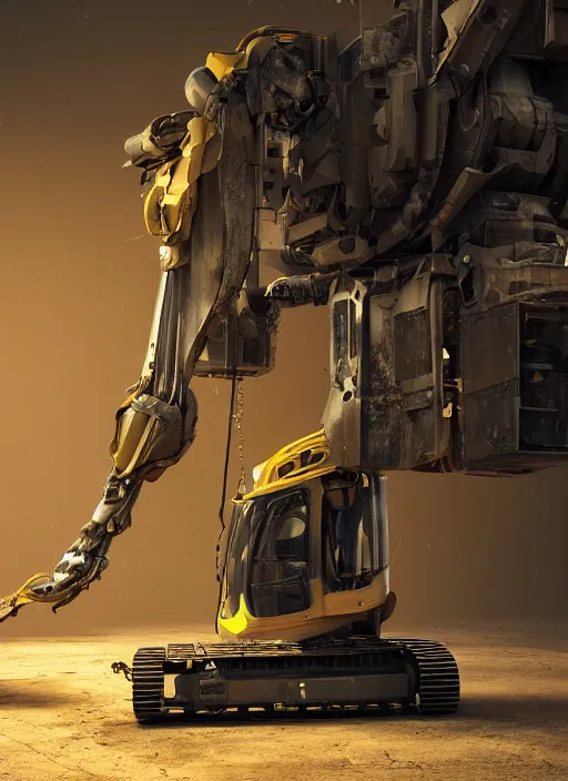 Image similar to a photorealistic dramatic hyperrealistic render of a futuristic exosuit power excavator heavy machinery, ultra realistic details, glossy yellow, well worn, rust, oil stains by vitaly bulgarov and mike nash, beautiful dramatic dark moody tones and lighting, cinematic atmosphere, studio lighting, global illumination, shadows, dark background, octane render, 8 k