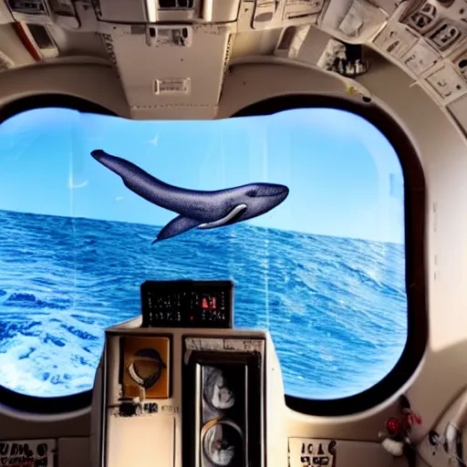 Image similar to an airplane with a tiny whale pilot, the whale is in the airplane cabin, the whale head can be seen through the window by people outside the airplane, the whale can be seeing inside the front of the plane