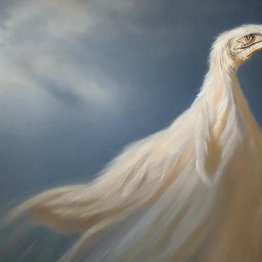 Image similar to oil painting of a velociraptor wearing a white wedding dress, atmospheric, beautiful, cinematic, detailed, fullbody portrait, 4 k, 8 k