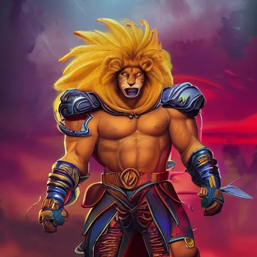 Image similar to highly detailed Liono from Thundercats, sword of omens, fighting mumra, cyberpunk, concept art, character art, studio lightning, bright colors, intricate, masterpiece, photorealistic, hyperrealistic, sharp focus, high contrast, Artstation HQ, DeviantArt trending, 8k UHD, Unreal Engine 5