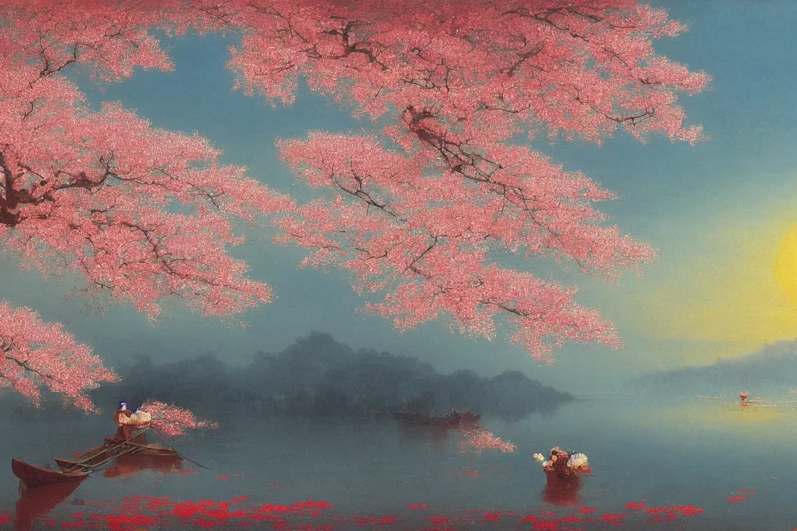 Prompt: A beautiful painting of 湖を見下ろす桜, a robot drinking wine and cherry blossoms by a blood red lake in a japanese garden beneath a yellow sky by Ivan Aivazovsky and Caspar David Friedrich, Trending on artstation