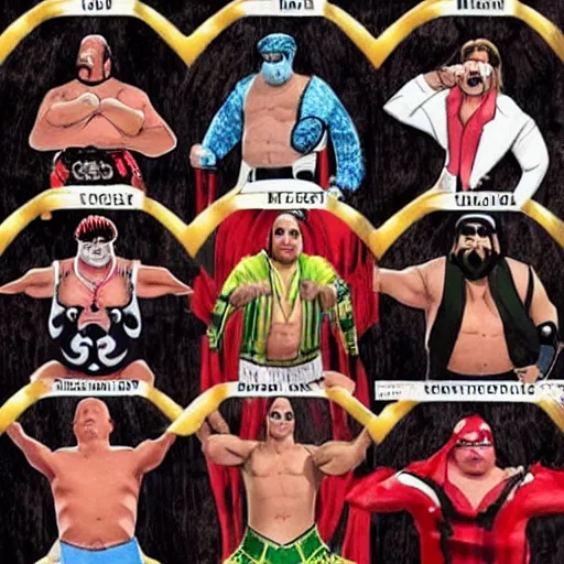 Image similar to All of the world leaders as wrestlers with silly outfits, jumping into the wrestling ring to fight, intricate, highly detailed, concept art, smooth, sharp focus