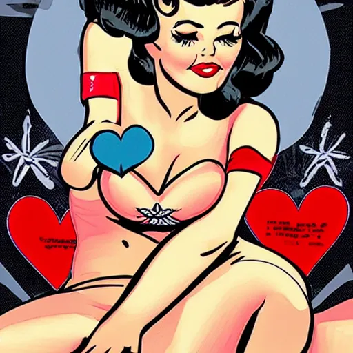Prompt: pin-up art of warhammer imperial guard woman sitting on a bomb while sending love kisses vintage colours by mcbess