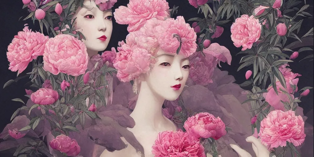 Image similar to breathtaking detailed concept art deco painting blend of pink short hair goddesses of peonies by hsiao - ron cheng with anxious piercing eyes, vintage illustration pattern with bizarre compositions blend of flowers and fruits and birds by beto val and john james audubon, exquisite detail, extremely moody lighting, 8 k