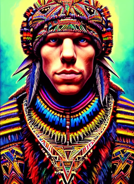 Image similar to portrait of jesse eisenberg, hyper detailed ultra sharp aztec shaman warrior. trending on artstation, warpaint aesthetic, bloodwave, colorful, psychedelic, ornate, intricate, digital painting, concept art, smooth, sharp focus, illustration, art by artgerm and greg rutkowski and h. r. giger, 8 k