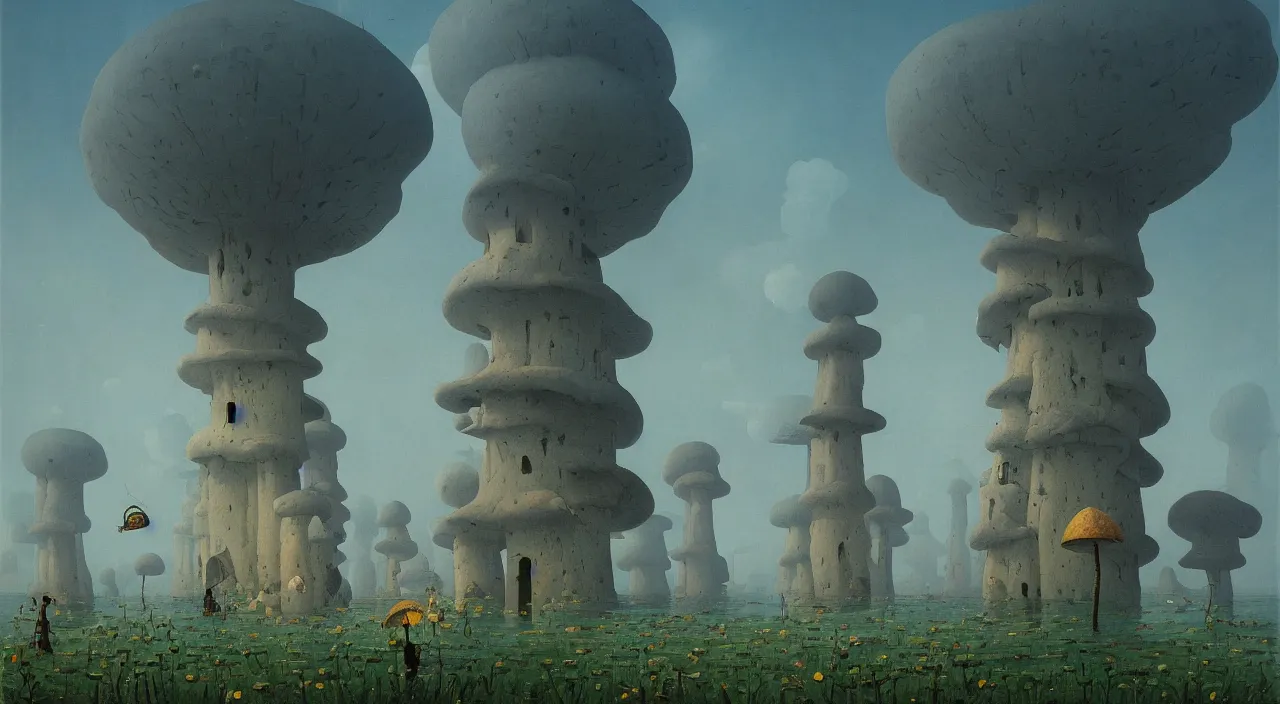 Prompt: a high contrast! painting of a minimalist flooded ancient mushroom tower by rene magritte simon stalenhag carl spitzweg jim burns, full-length view, vibrant colors, extremely high contrast!, symmetry, great composition, high detail, cinematic lighting, award winning masterpiece, trending on artstation