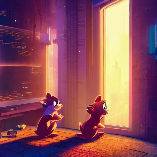 Image similar to Chip and Dale chipmunks in the apartment room in a cyberpunk city, soft god rays from city lights outside the window, unreal engine 5, soft neon atmosphere, photorealistic, soothing colors, somber melancholic matte painting, hyperrealism, hyperrealistic, cinematic masterpiece, cyberpunk style 8k ultrahd octane render