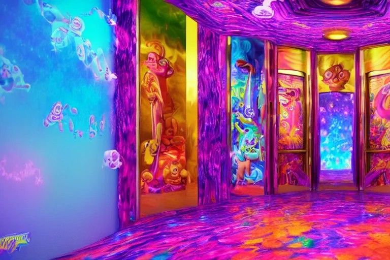 Prompt: lisa frank elevator in hell, hyperdetailed octane render scene from a tv show 55mm