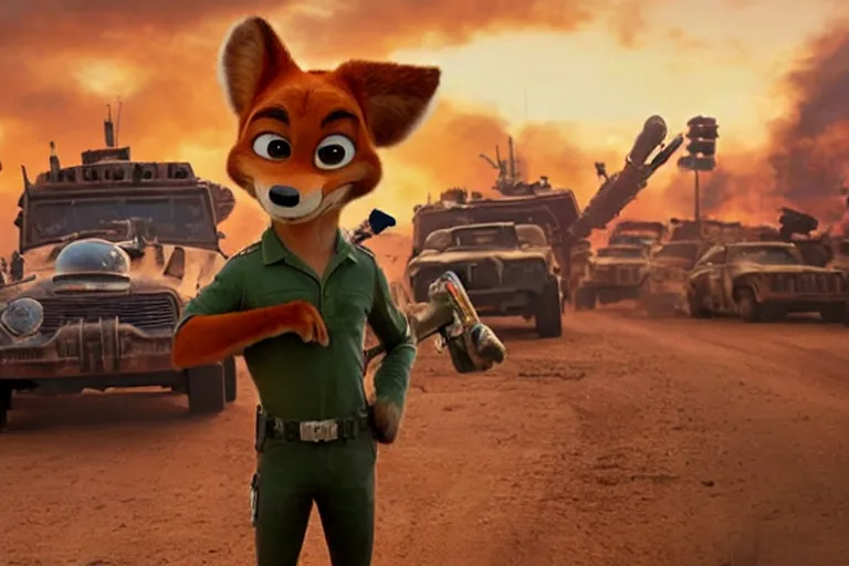 Image similar to nick wilde ( from zootopia ), heavily armed and armored facing down armageddon in a dark and gritty reboot from the makers of mad max : fury road