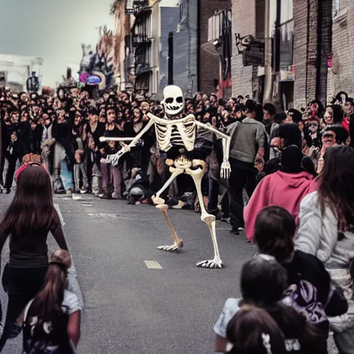 Prompt: A skeleton chasing a crowd of screaming people through the street