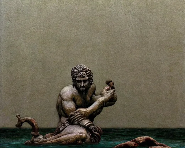 Prompt: titanic ancient god statue bending over a pagan japanese garden by beksinski and bosch, very cohesive and vibrant, serenity, hyperminimalist, 8 k, surreal oil painting, highly detailed, dream like, masterpiece