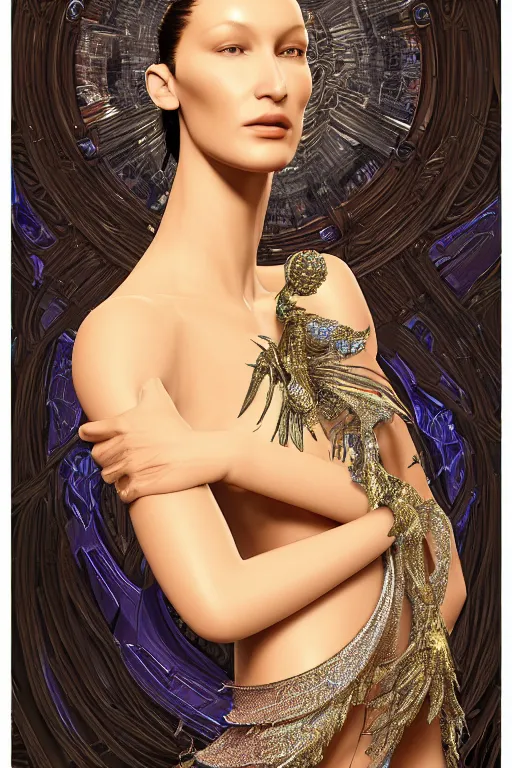 Image similar to a portrait of a beautiful ancient alien woman goddess bella hadid standing in iris van herpen dress in diamonds and fractals in style of alphonse mucha art nuvo dmt trending on artstation made in unreal engine 4