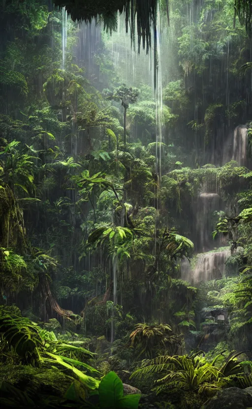 Image similar to a beautiful render of a dark prehistoric rainforest in a humongous cave, lush flora, patches of yellowish - magenta sky, sunset, floating mountains and a waterfall in the background, intricate detail, hazy, humid, volumetric lighting, 8 k, photorealistic, raytracing effects, unreal engine 5