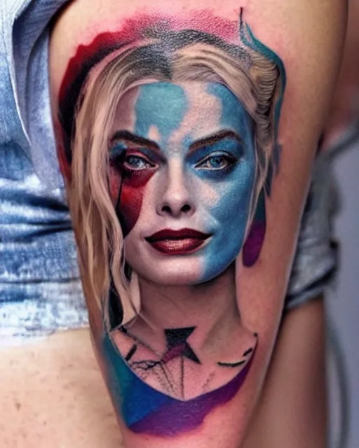 Image similar to creative double exposure effect tattoo design sketch of margot robbie as harley quinn faded with beautiful mountain scenery, realism tattoo, in the style of matteo pasqualin, amazing detail, sharp