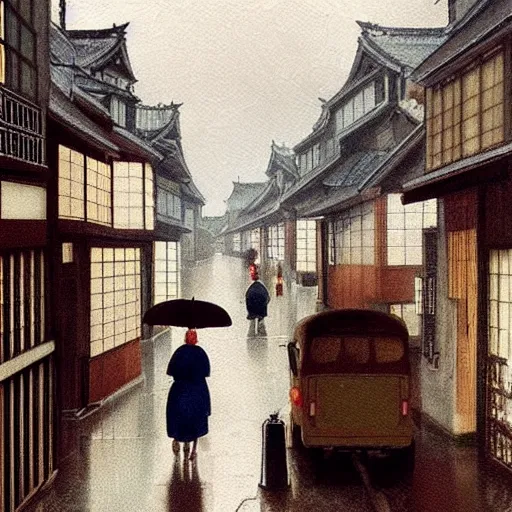 Image similar to a typical japanese city street in the rain, vermeer painting, dark academia aesthetic, matte painting