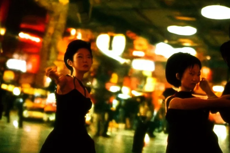 Image similar to wong kar wai dancing love movie scene. wide angle 9 mm lens, close up