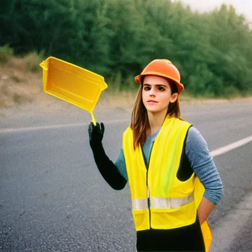 Prompt: photo, close up, emma watson in a hi vis vest picking up trash on the side of the interstate, portrait, kodak gold 2 0 0,