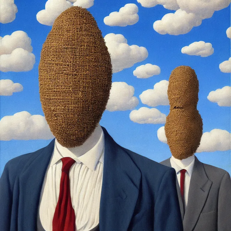 Image similar to portrait of a faceless burlap sack - head man in a suit, clouds in the background, by rene magritte, detailed painting, distance, centered, hd, hq, high resolution, high detail, 4 k, 8 k