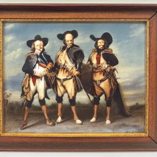 Prompt: three musketeers with in hat and gowne