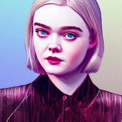 Prompt: a striking hyper real illustration of Elle Fanning in the style of retro-futurism