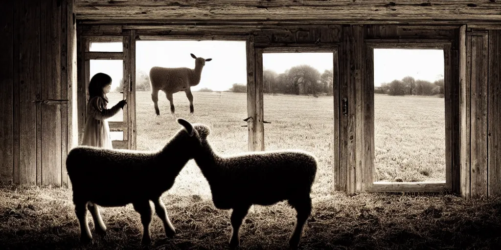 Image similar to insanely detailed wide angle photograph, atmospheric, girl nursing a lamb in a barn, horror, night, shadows, secluded, evil eyes, hay, a cow, windows