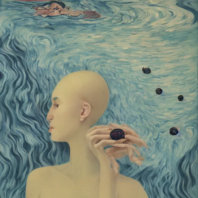 Prompt: tall emo female artist holding a blue starfish in her flooded kitchen, pomegranates, octopus, water gushing from ceiling, painting of flood waters inside an artist's apartment, a river flooding indoors, ikebana, zen, rapids, waterfall, black swans, canoe, berries, acrylic on canvas, surrealist, by magritte and monet