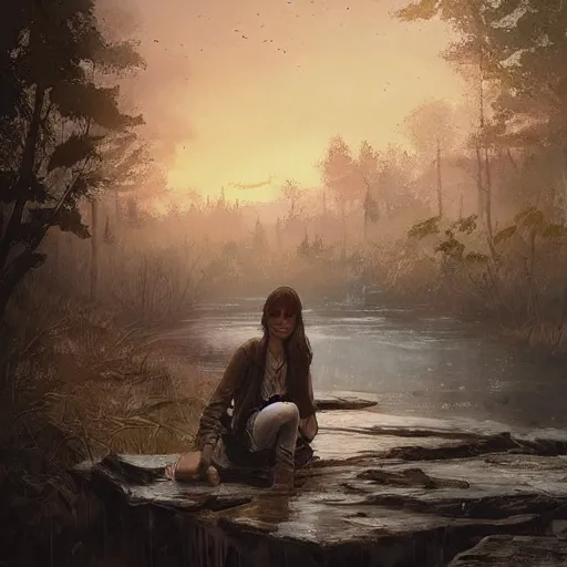 Image similar to clementine from the walking dead the last season sitting next to a river by greg rutkowski