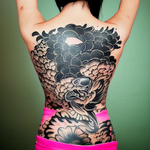 Prompt: photography of the back of a woman with a black detailed irezumi tatto representing a big gold tiger with pink flowers on her entire back, dark hangar background, mid-shot, editorial photography