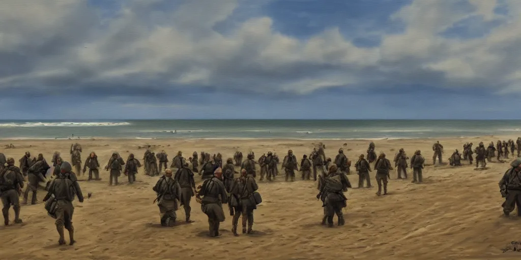 Prompt: omaha beach, ww 2, matte painting, oil painting, painting