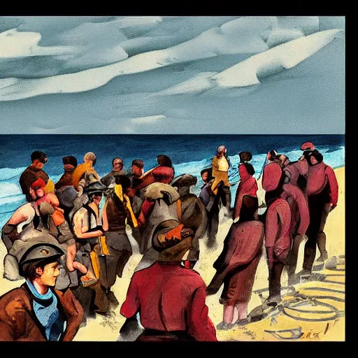 Prompt: This digital art depicts a scene from the Spanish Civil War, which was a time of great turmoil and strife in Spain. The digital art shows a group of people on a beach, with the ocean in the background. The people in the digital art are all different sizes and shapes, and they are all looking in different directions. The digital art is full of color and movement, and it is very expressive. The digital art is also very powerful and emotional, and it has a very strong impact on the viewer. by Linnea Strid amorphous, quiet