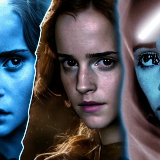 Prompt: Photograph. Double exposure. Emma Watson as Hermione Granger. Natalie Portman as Padme Amidala. Smokey. Dramatic lighting. Color graded. Blue and grey. Extremely detailed. Cinematic.