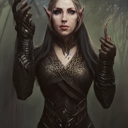 Image similar to A portrait of a female elven druid shaman wearing black leather armor, Magic the Gathering art, art by greg rutkowski, matte painting, trending on artstation, very detailed