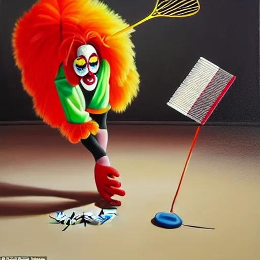 Image similar to hyperrealism painting from the housefly perspective getting swatted at from an angry and sick clown man with a fly swatter in the kitchen