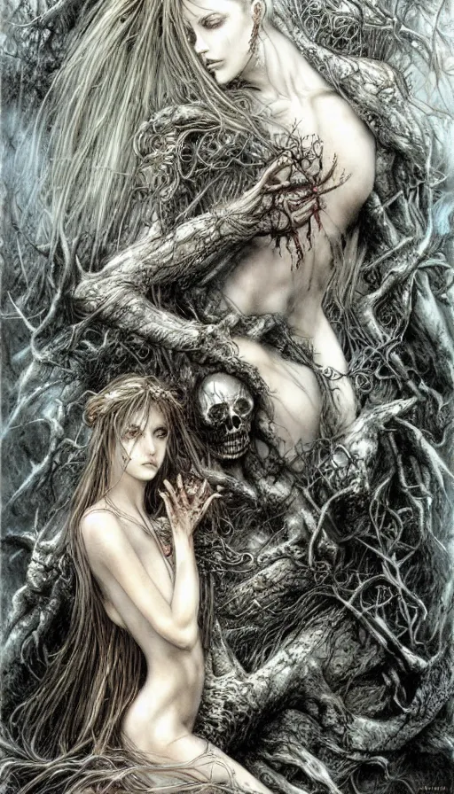 Image similar to life and death mixing together, by luis royo,