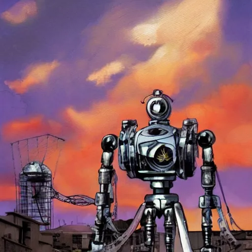 Image similar to a fullmetal wired robot is reading the forbidden intimate diary of sophia aeon, the background is the purple sunset over the gasometer in santiago of chile, oil on canvas by dave mckean and yoji shinkawa