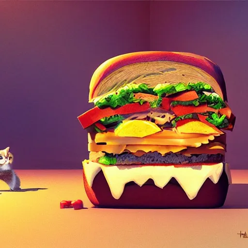 Image similar to giant carnivorous sandwich chasing the scared cat, artstation hq, dark phantasy, stylized, symmetry, modeled lighting, detailed, expressive, created by hayao miyazaki