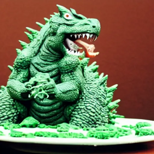 Image similar to godzilla eating a piece of cake