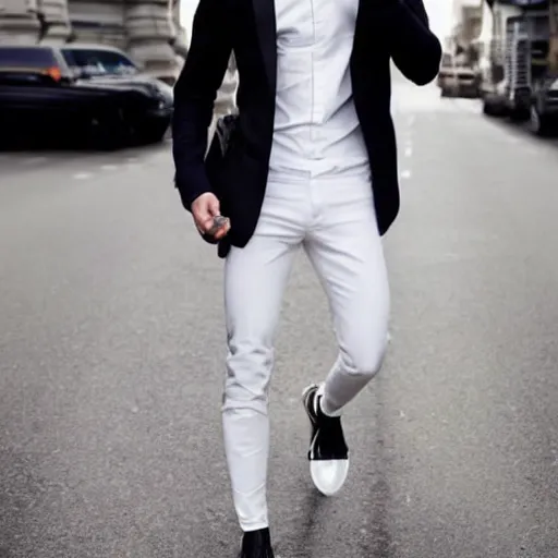 Image similar to person wearing off white shirt and different color pants combo stylish, hd, full body