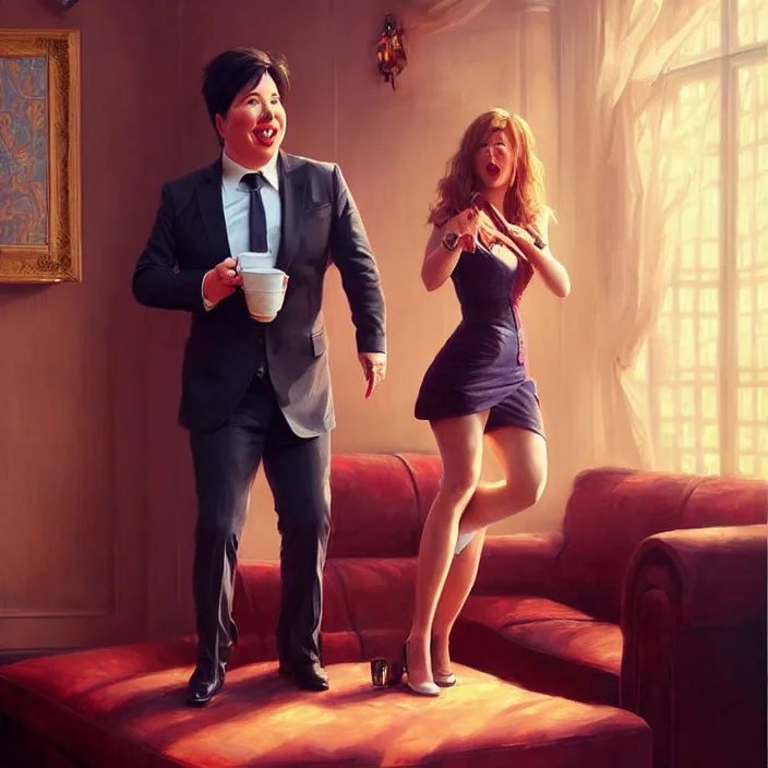 Image similar to portrait of michael mcintyre leaving on a sofa with a singing waitress, elegant, real life skin, intricate artwork, high detailed, artstation, concept art, smooth, sharpz focus, art by artgerm and greg rutkowski