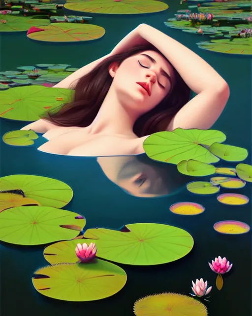 Prompt: stylized portrait of an artistic pose, composition, young lady sleeping in a pond, water lilies, flowers, one single head, realistic shaded, fine details, realistic shaded lighting poster by ilya kuvshinov, magali villeneuve, artgerm, jeremy lipkin and michael garmash and rob rey