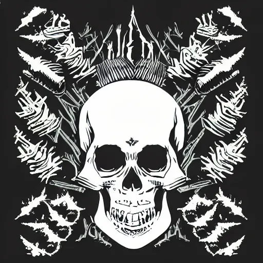 Image similar to dark death metal themed vector illustration for a record label, trees. forest, spikes, skull, microphone, skull, award winning, grunge, iconic, golden ratio